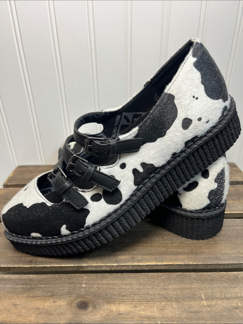 TUK Creepers Black & White Cow Print Mary Jane Three Strap Shoes